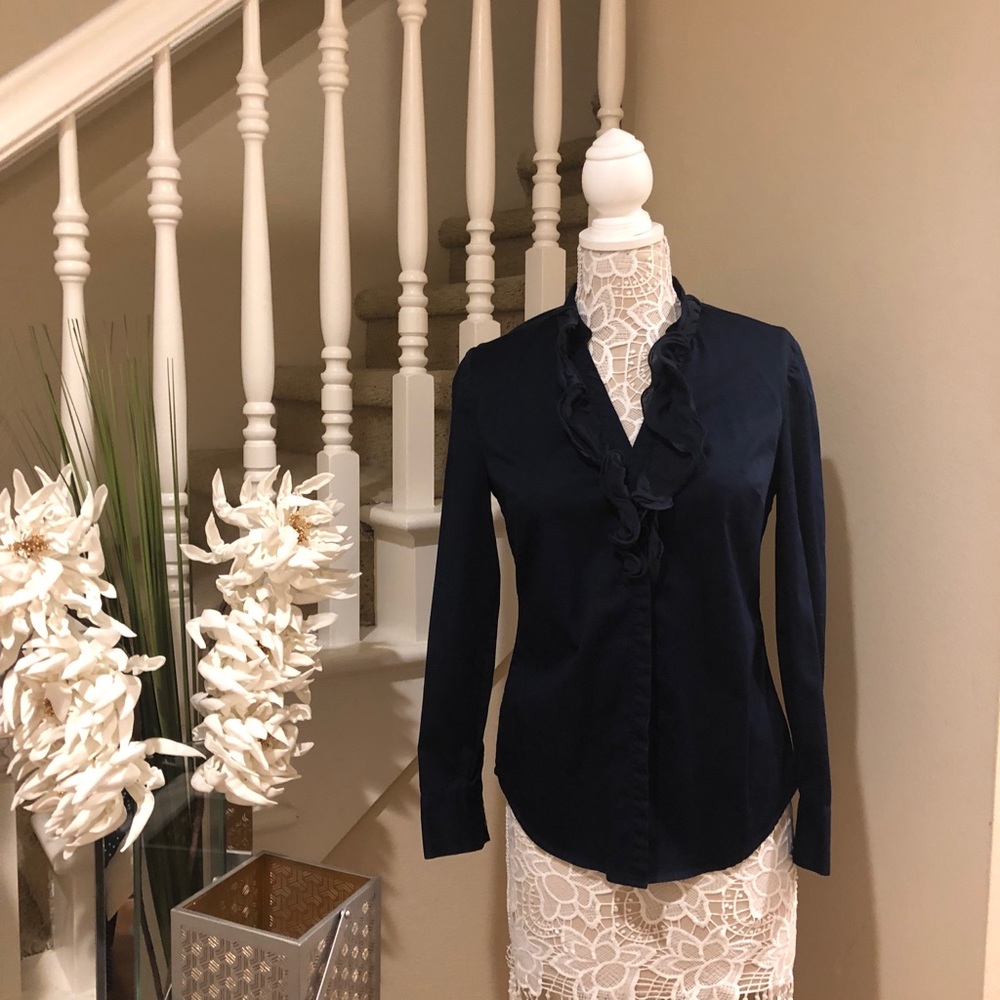 Ann Taylor navy blue ruffled blouse